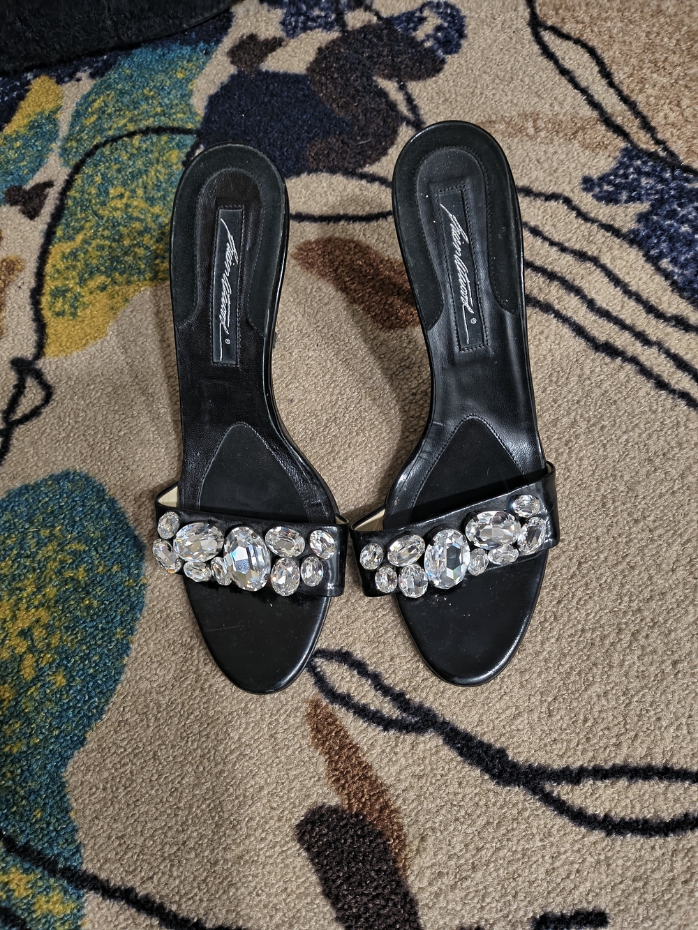 Brian Atwood Black Leather Embellished Slide Sandals with Crystal Accents
